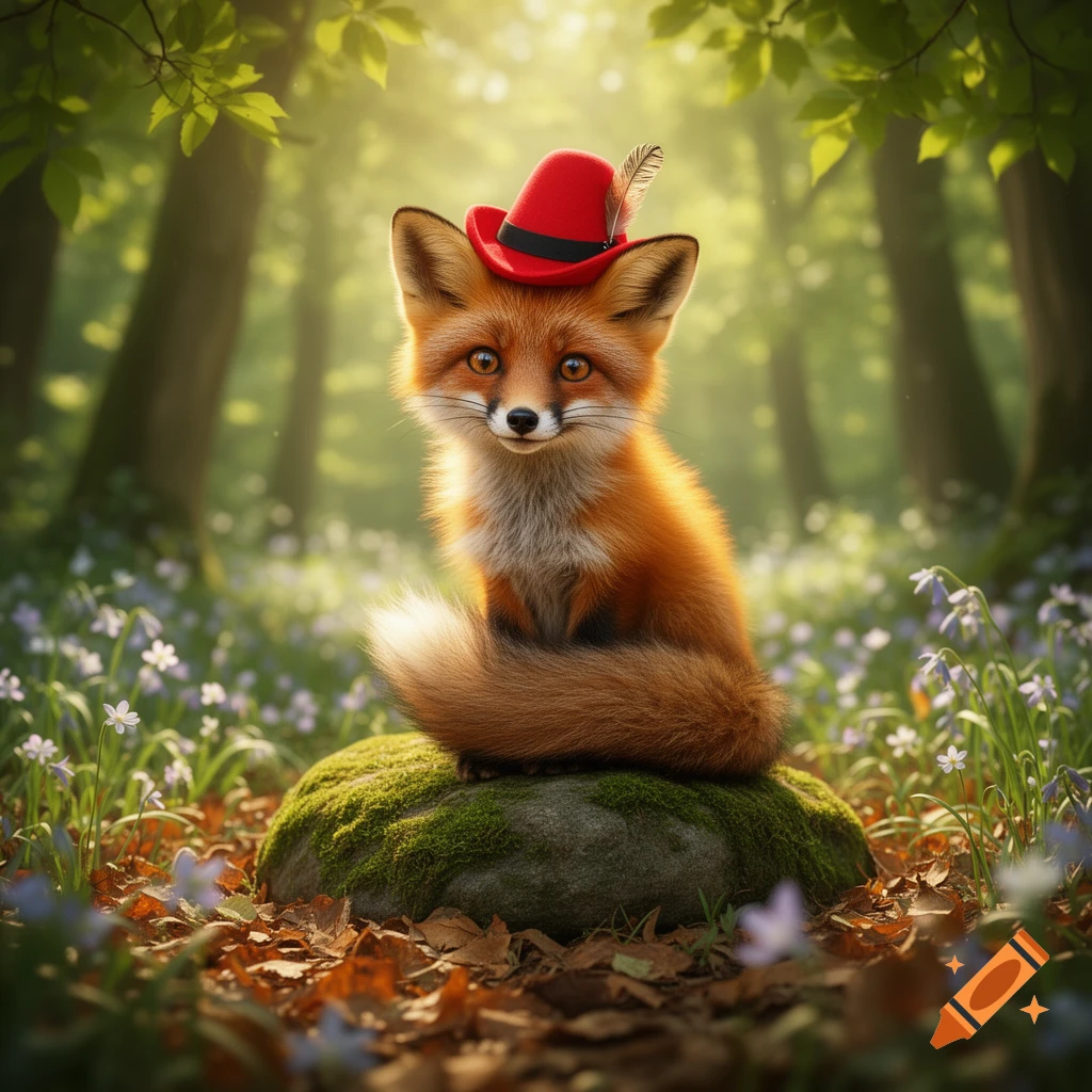 A cute fox wearing a red hat sits on a mossy rock in a sunlit forest with purple flowers and autumn leaves.