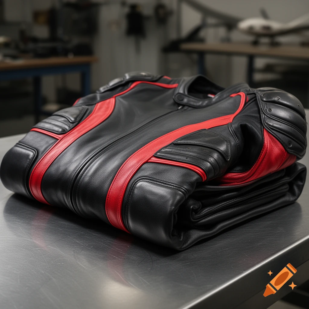 A folded black leather jacket with red racing stripes rests on a metallic surface in a workshop setting.