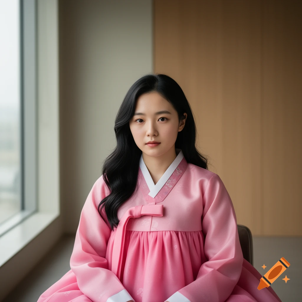 A woman with long dark hair wears a pink hanbok and sits by a window, looking directly at the viewer in a photorealistic style.