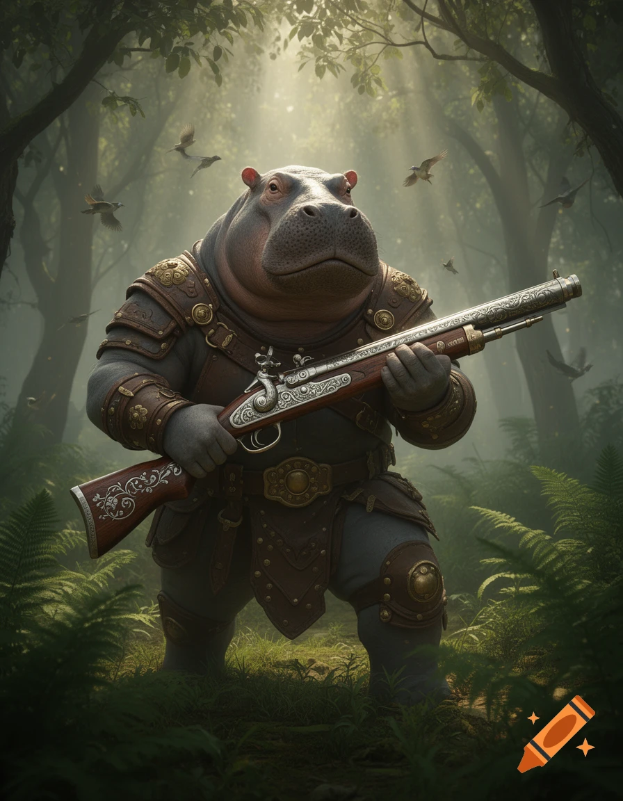 An anthropomorphic hippo in ornate leather armor holds a decorative musket in a sunlit, misty fantasy forest with birds.