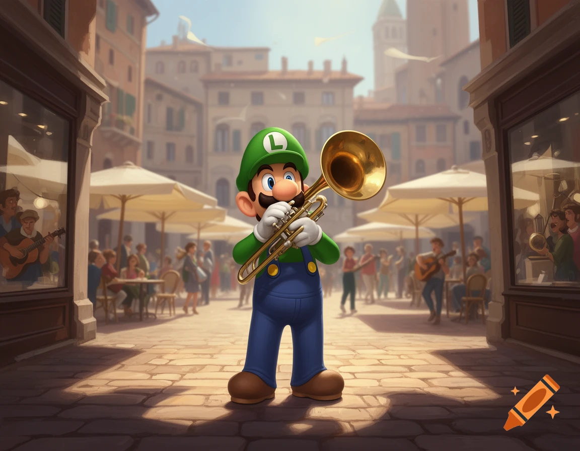 Luigi playing a golden brass instrument on a cobblestone street in a vibrant European town square with cafes.