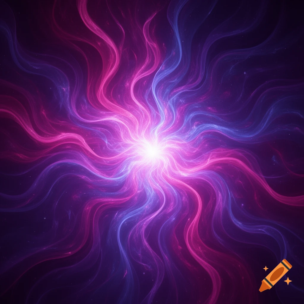 Vibrant abstract cosmic energy with swirling magenta, violet, and indigo light radiating from a bright center.