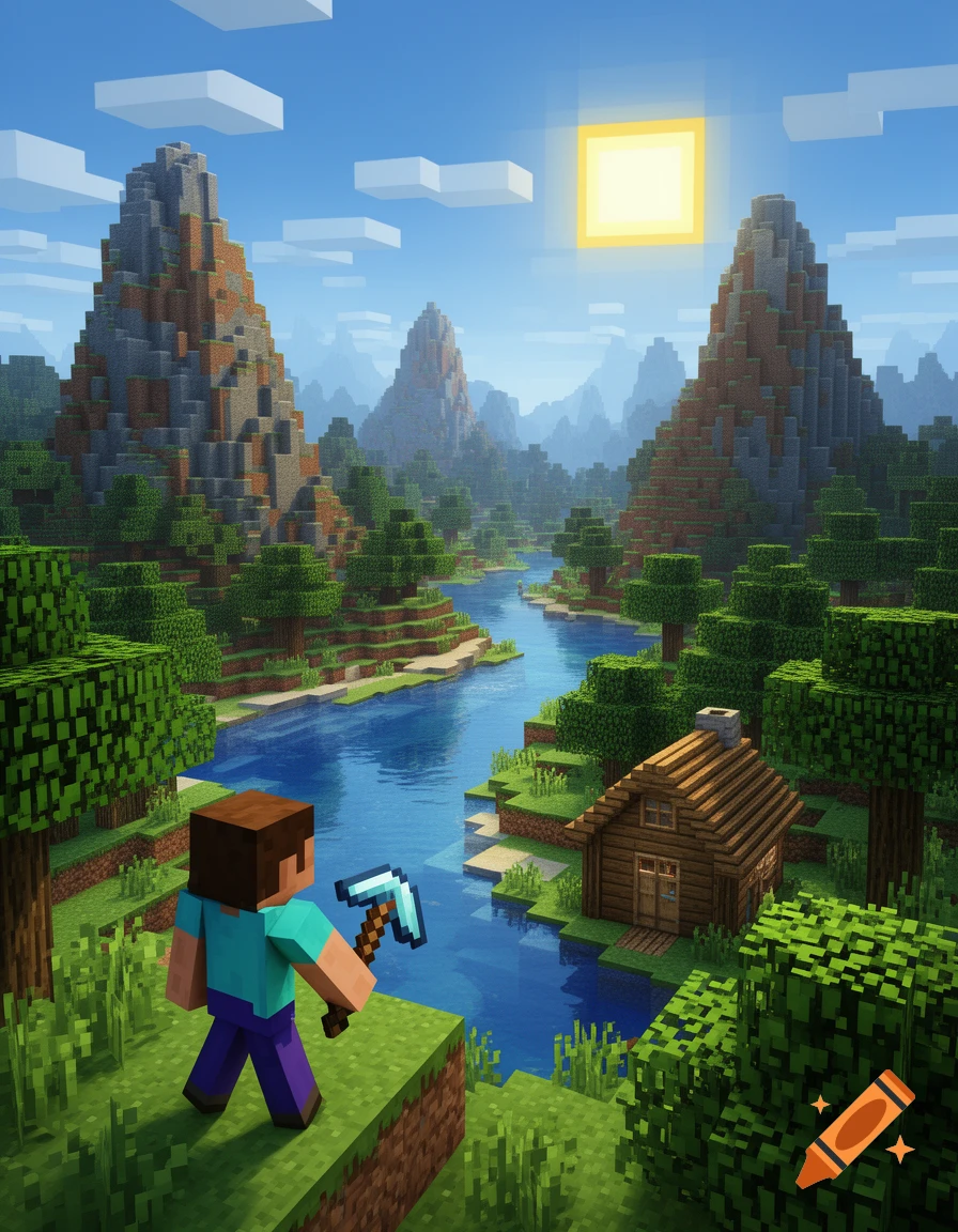 A blocky Minecraft landscape featuring a player with a pickaxe, a river, a small wooden house, and mountains under a bright sun.