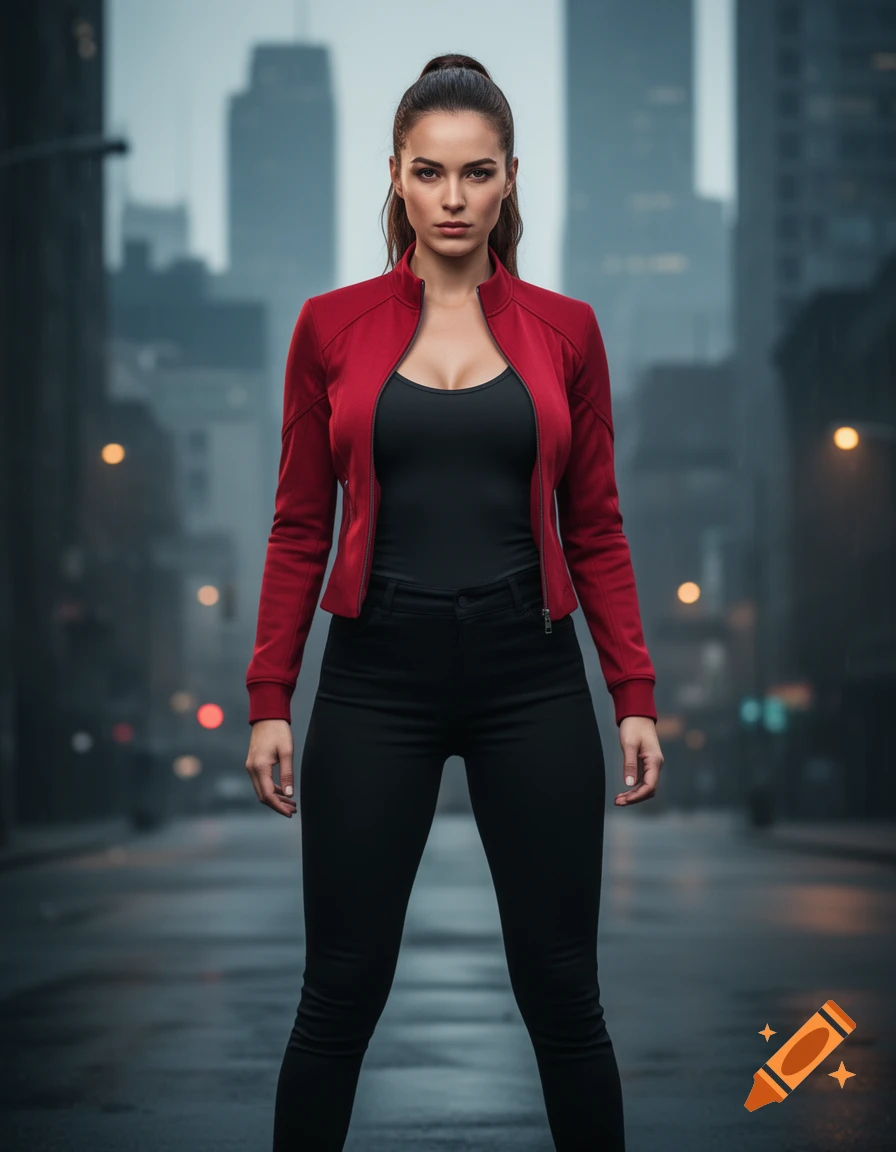 A realistic full-body portrait of a woman in a red jacket, black top, and black pants, standing on a wet city street.