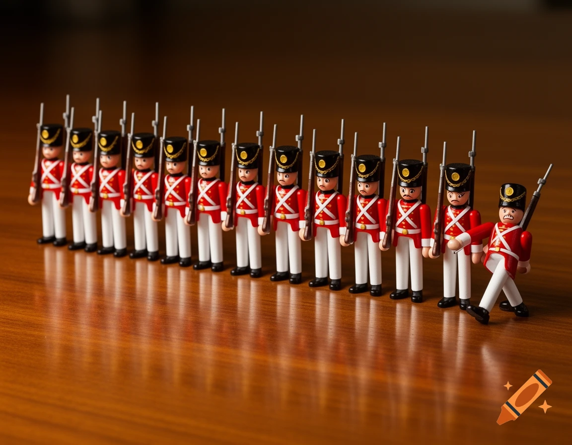 Twelve red-uniformed toy soldiers marching in a line on a polished wooden surface, the last one off-step and looking confused.