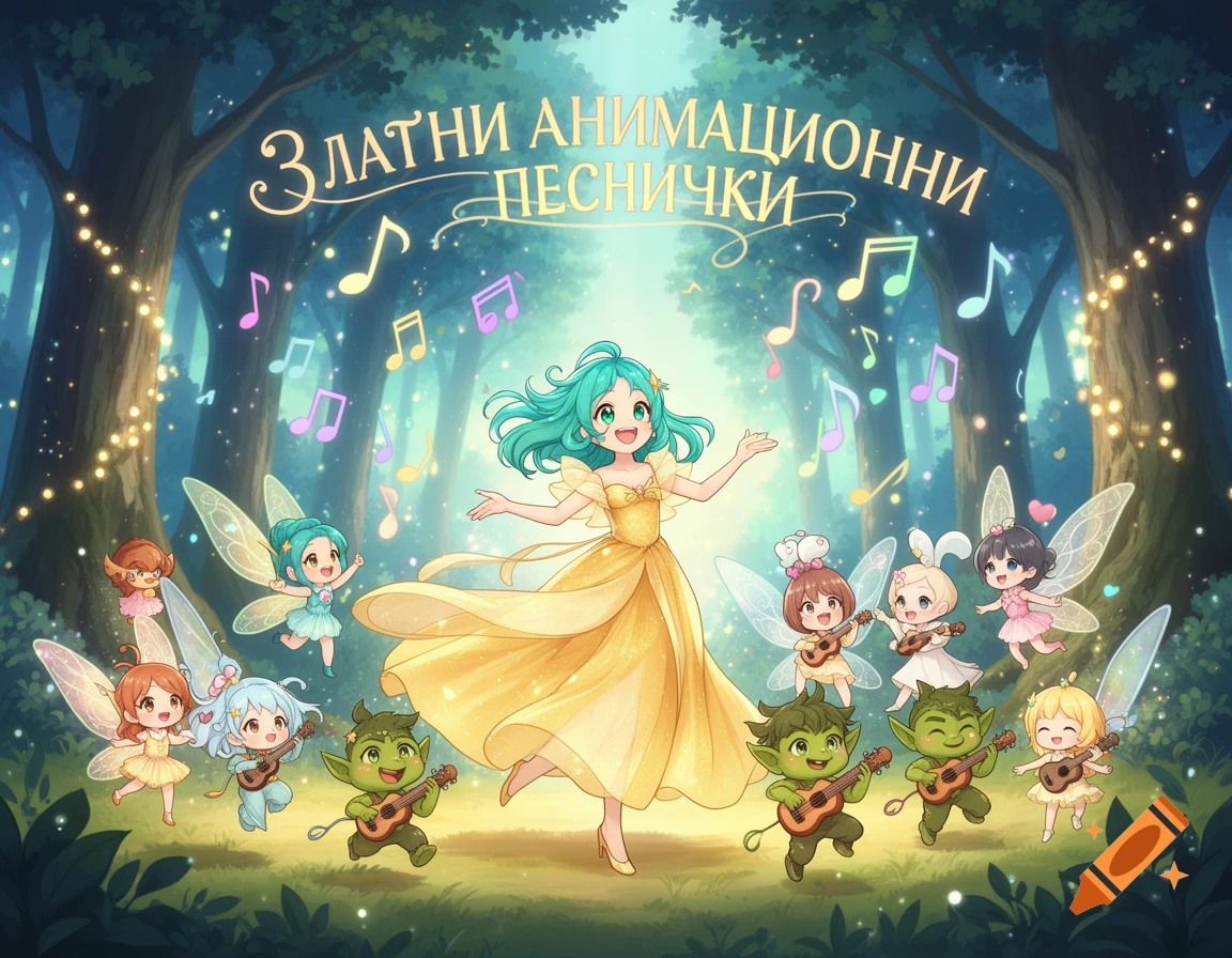 A large anime fairy in a golden dress sings in a magical forest, surrounded by smaller fairies and green goblins playing instruments, with floating music notes.