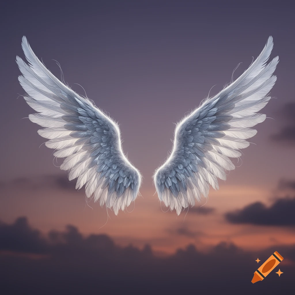 Ethereal white and grey angel wings against a soft purple and orange sunset sky.