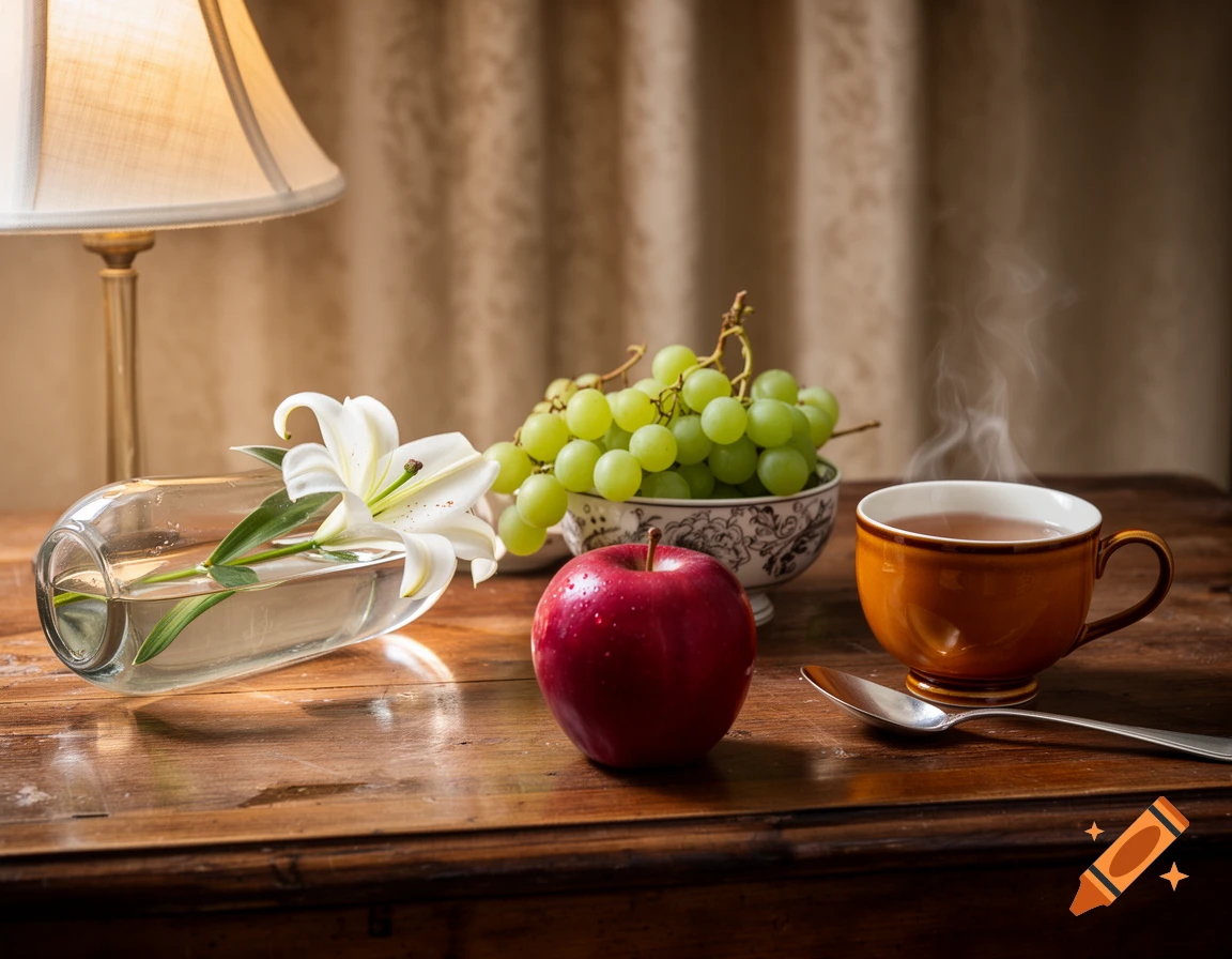 Photorealistic still life with a white lily, green grapes, red apple, steaming tea, and a lamp on a wooden table.