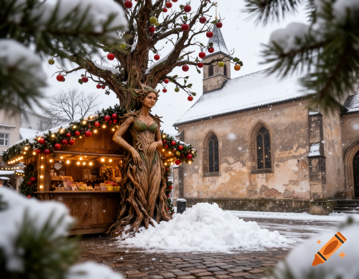 Photorealistic image of a tree woman sculpture next to a Christmas market stall in a snowy courtyard, with an old chapel.