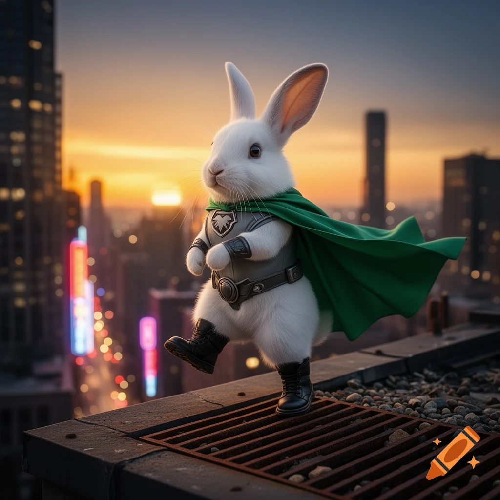 A photorealistic white rabbit dressed as a superhero with a green cape and armor walks on a city rooftop at sunset.