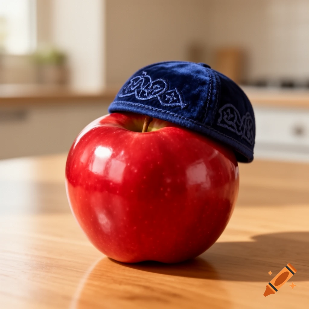 A shiny red apple wearing a dark blue velvet yarmulke with white embroidery sits on a wooden table in a sunlit kitchen.