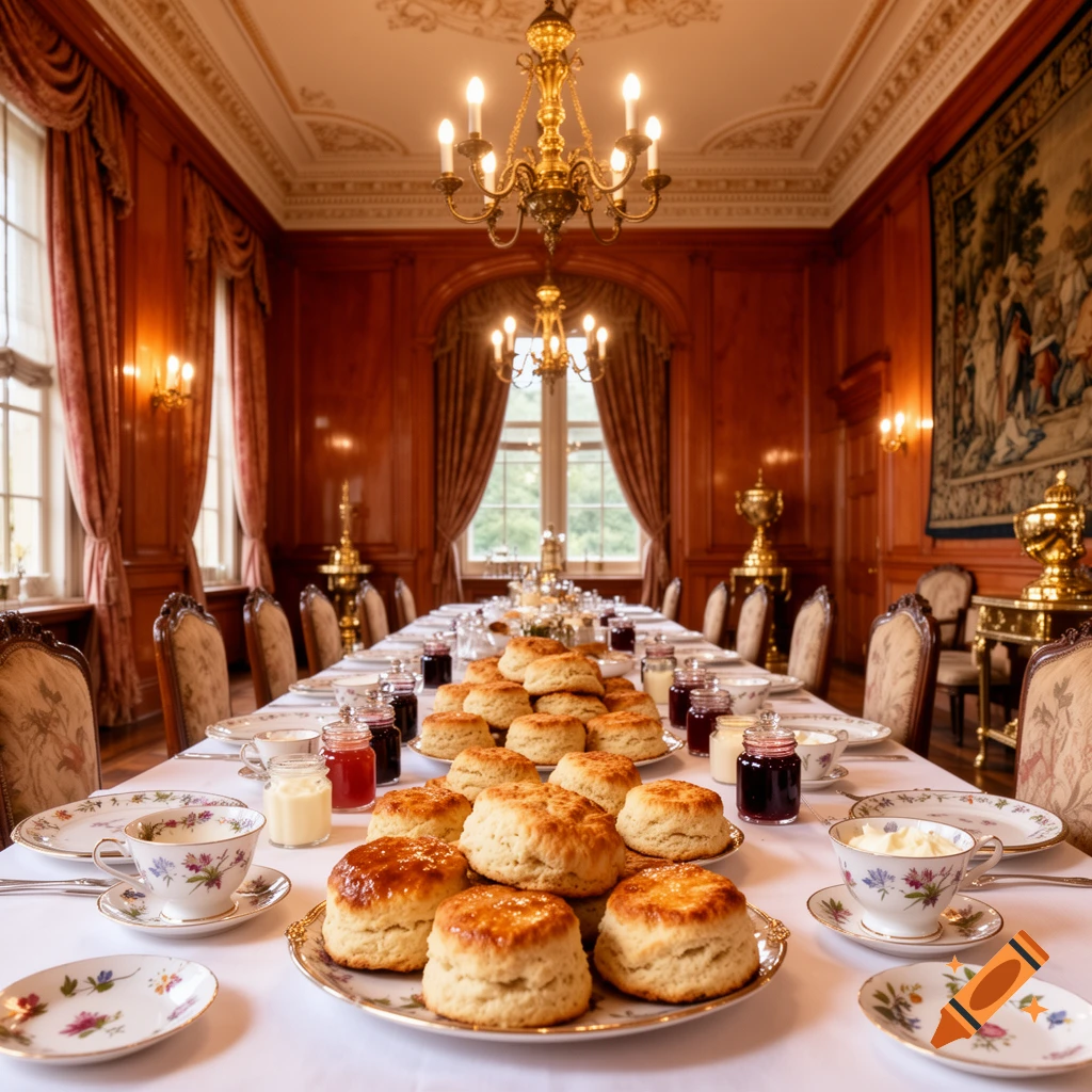 A luxurious palace dining room with a long table set for afternoon tea, featuring piles of scones, jam, and teacups.