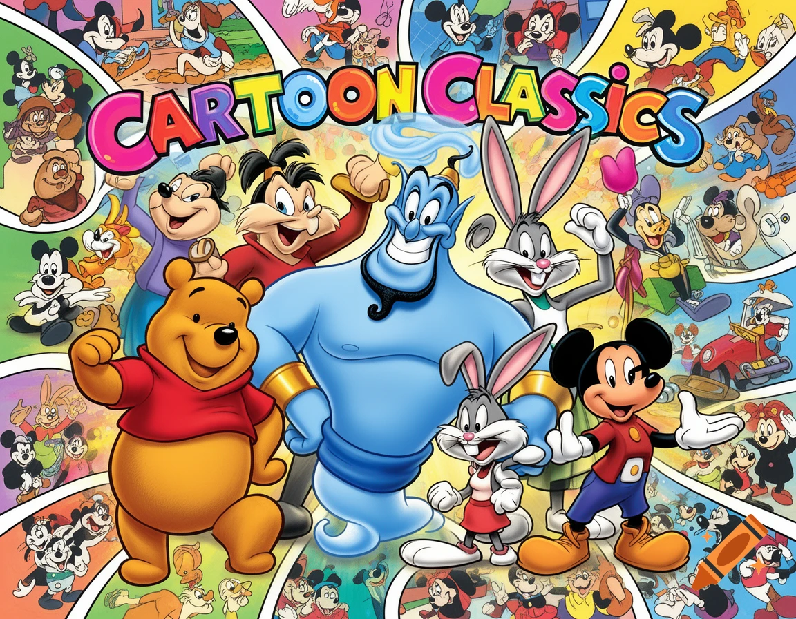 A colorful collage of classic cartoon characters including Winnie the Pooh, Genie, Bugs Bunny, and Mickey Mouse, with 'CARTOON CLASSICS' text at the top.