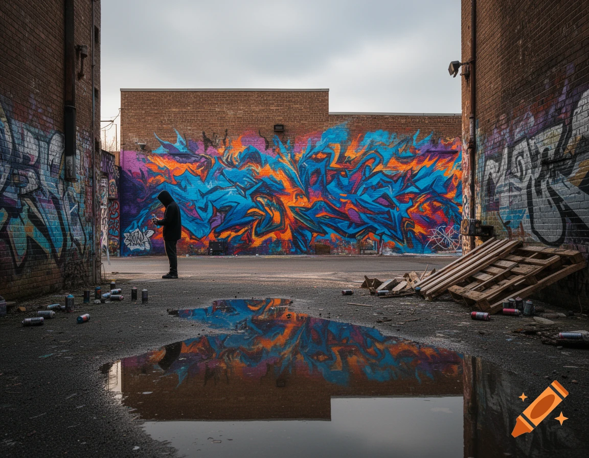 A person in a black hoodie stands in an alleyway with vibrant graffiti walls reflecting in a puddle on the ground, surrounded by discarded spray cans.