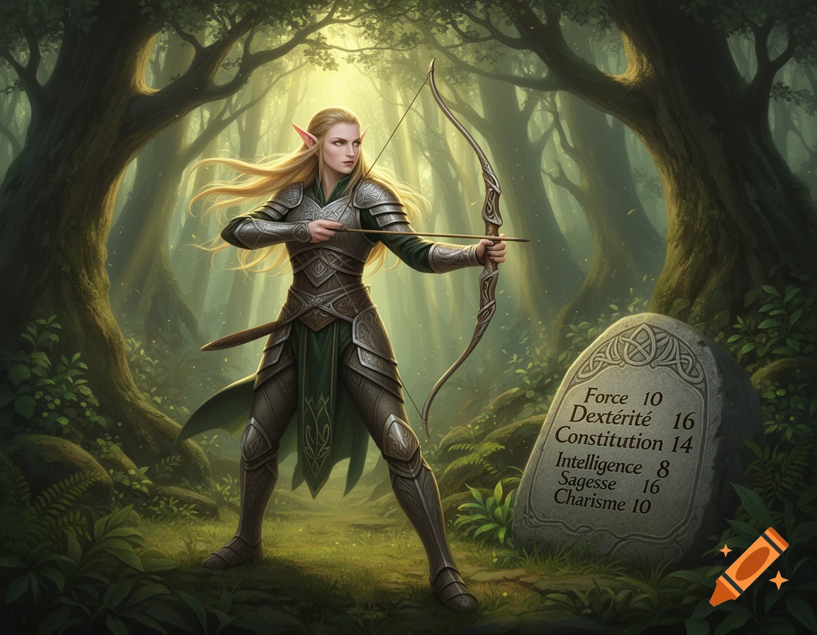 A blonde elf archer in detailed armor aims a bow and arrow in a sunlit forest, standing next to a stone tablet displaying character statistics.