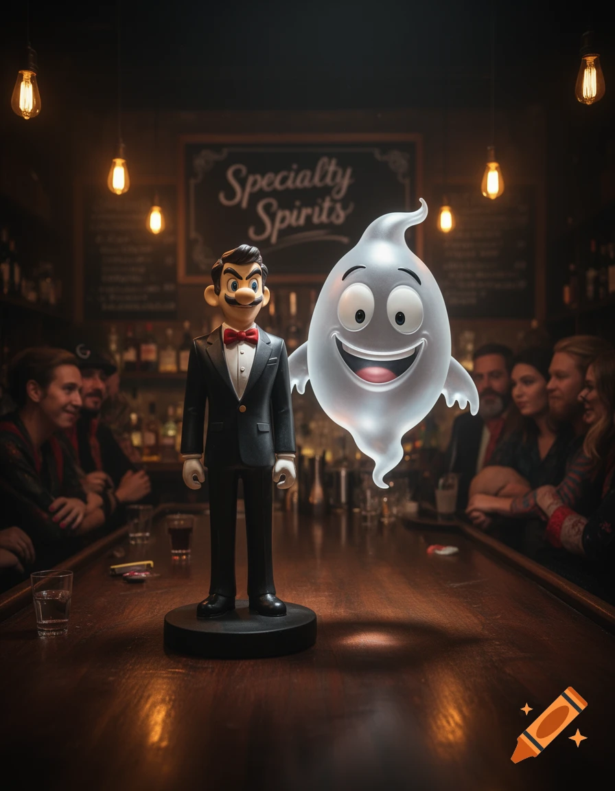 A stylized man in a tuxedo and a cartoon ghost stand on a bar counter in a dimly lit bar filled with patrons.