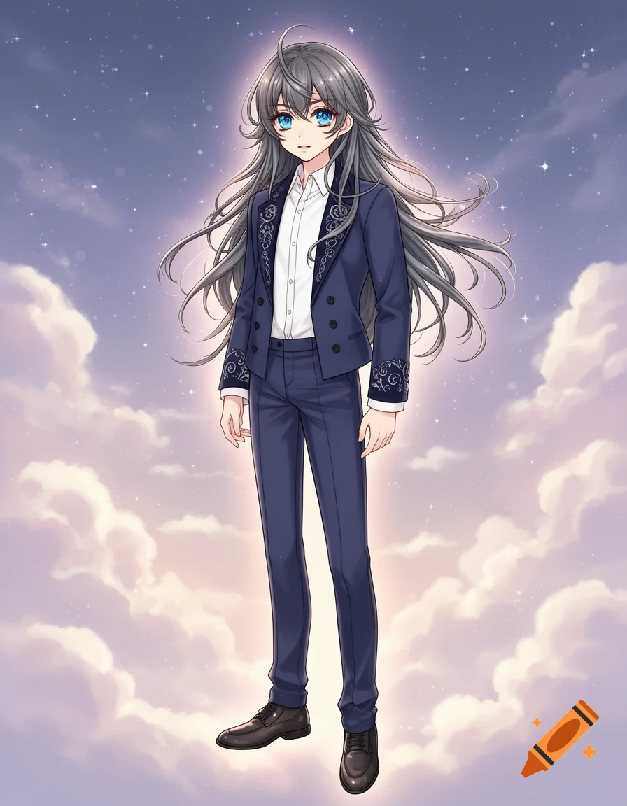 Anime character with long gray hair and blue eyes in a dark blue suit, standing against a starry, cloudy sky.