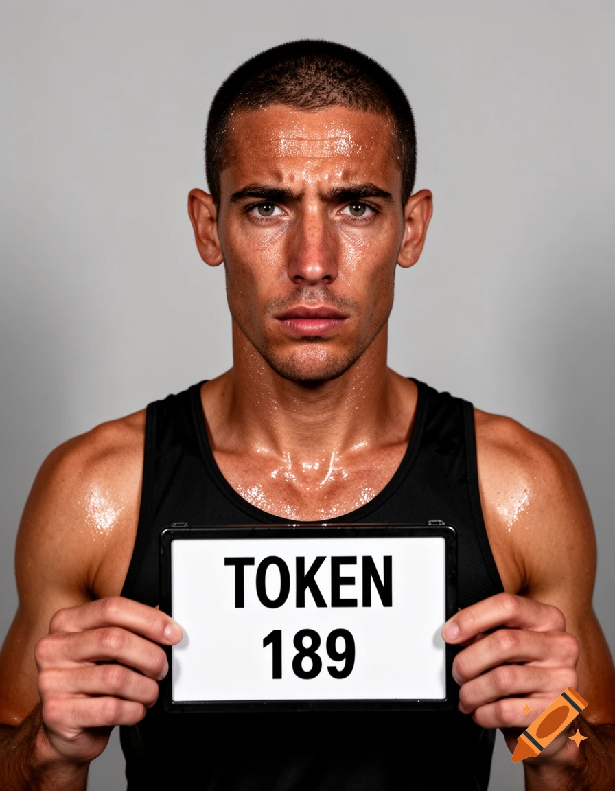 A sweaty man with a buzz cut wearing a black tank top holds a white sign that reads 'TOKEN 189' in a photorealistic style.