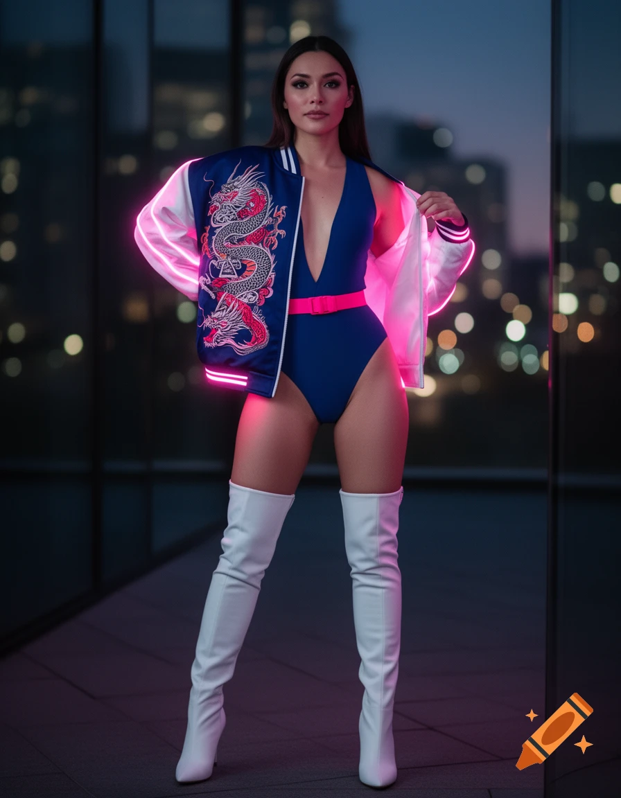 A woman in a blue dragon bomber jacket with neon pink lights, a deep v-cut blue leotard, pink belt, and white thigh-high boots stands against a city skyline at dusk.