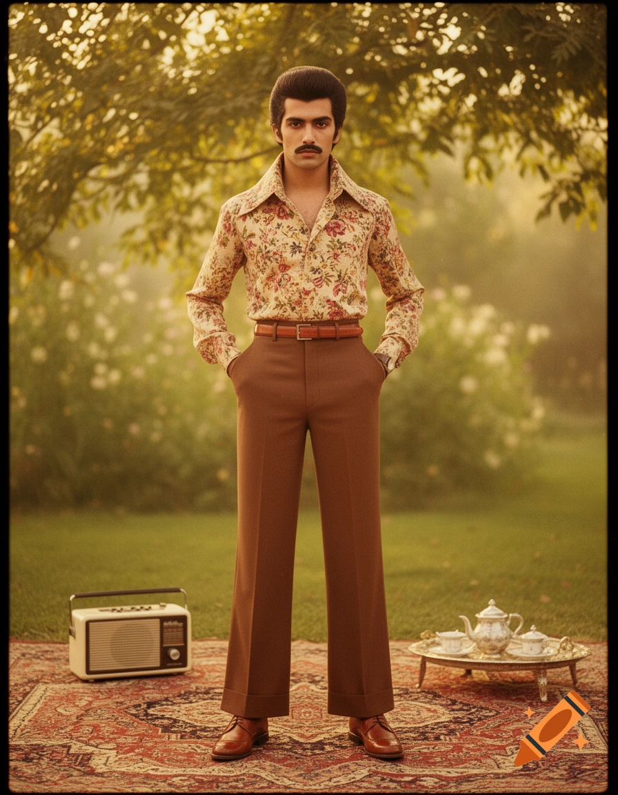 A man with a mustache in 1970s floral shirt and brown flared pants stands on an ornate rug outdoors, with a radio and tea set nearby.