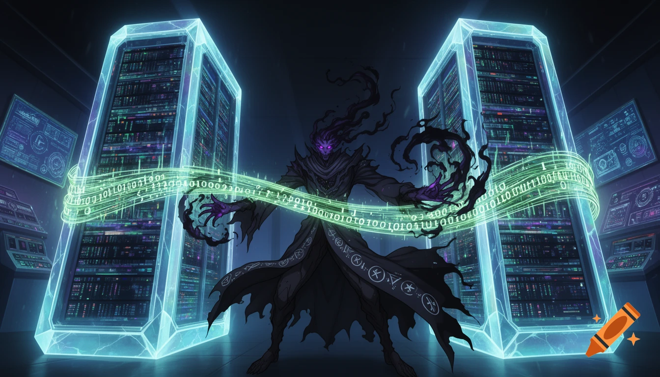 A shadowy necromancer with glowing purple eyes stands between two glowing data centers, manipulating a green stream of binary code.
