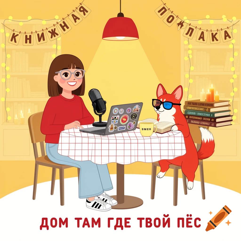 A cartoon woman in glasses and a red shirt sits at a table with a laptop and microphone, next to a fox in 3D glasses reading a book. Text on a garland reads "КНИЖНАЯ ПОЛАКА", a cup says "SMEG", and text on the floor says "ДОМ ТАМ ГДЕ ТВОЙ ПЁС".