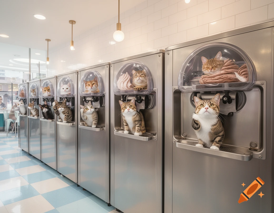 A row of stainless steel ice cream machines with various cats inside, some sitting on dispensers, in a brightly lit cafe.