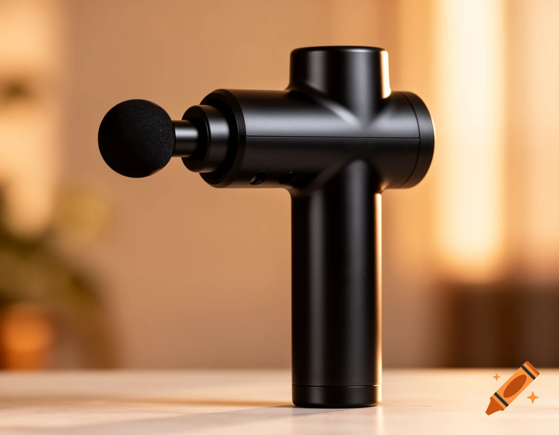 A sleek, matte-black massage gun with a spherical head stands on a light surface against a soft, warm blurred background.