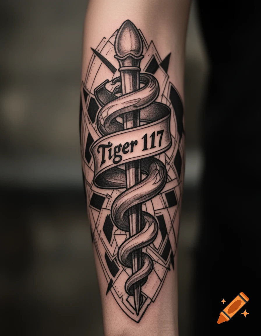 Blackwork tattoo on an arm, featuring a staff with a coiled snake and a banner reading 'Tiger 117' over a geometric pattern.