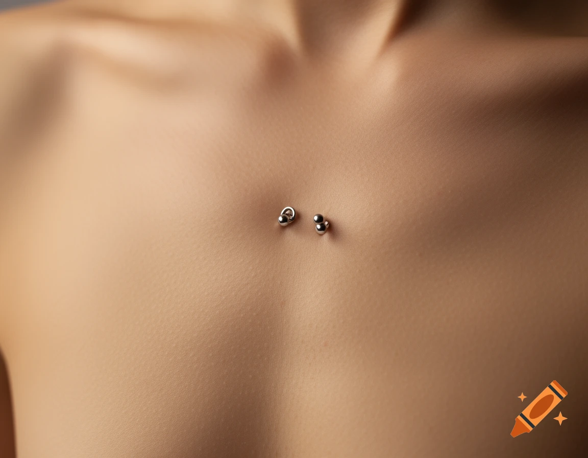 Close-up of a person's upper chest with two dermal piercings on the sternum.