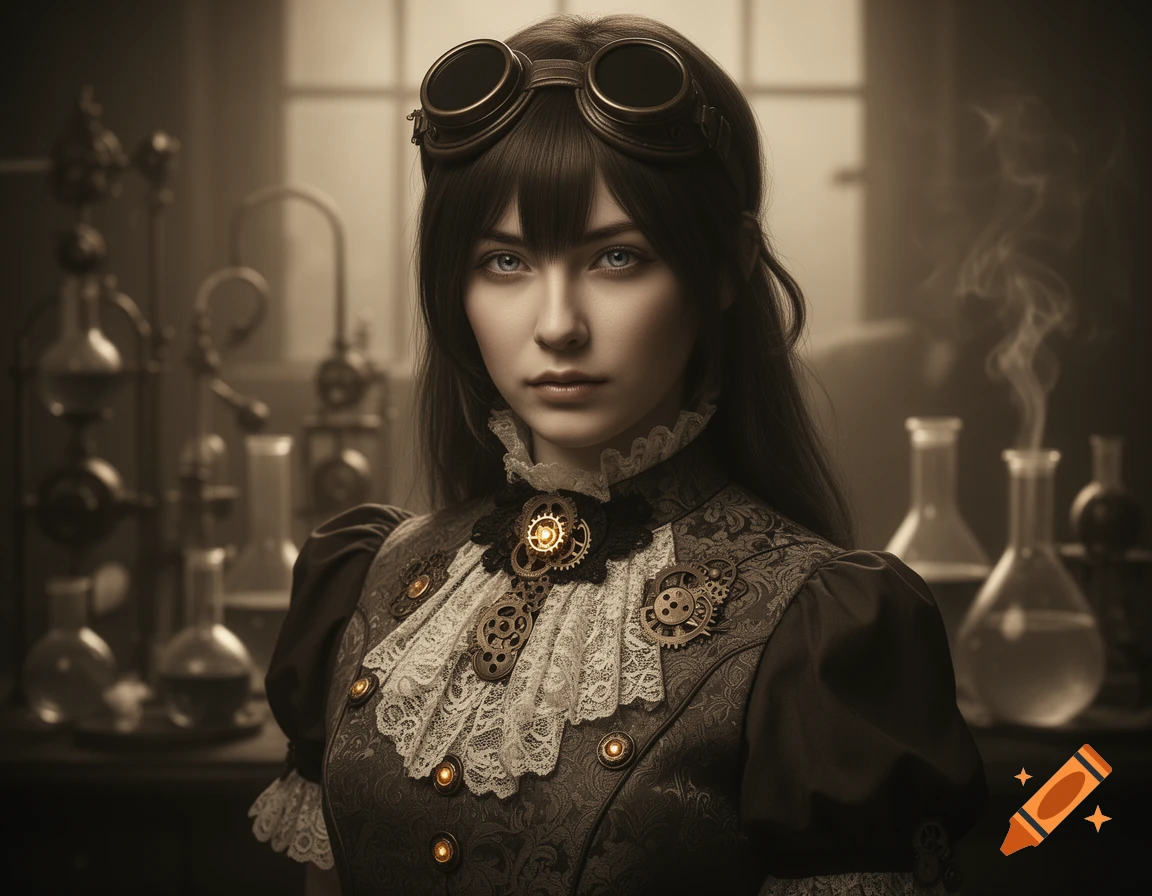 A serious-looking woman with blue eyes, wearing steampunk goggles and an elaborate lace and gear-decorated outfit, stands in a dimly lit laboratory.