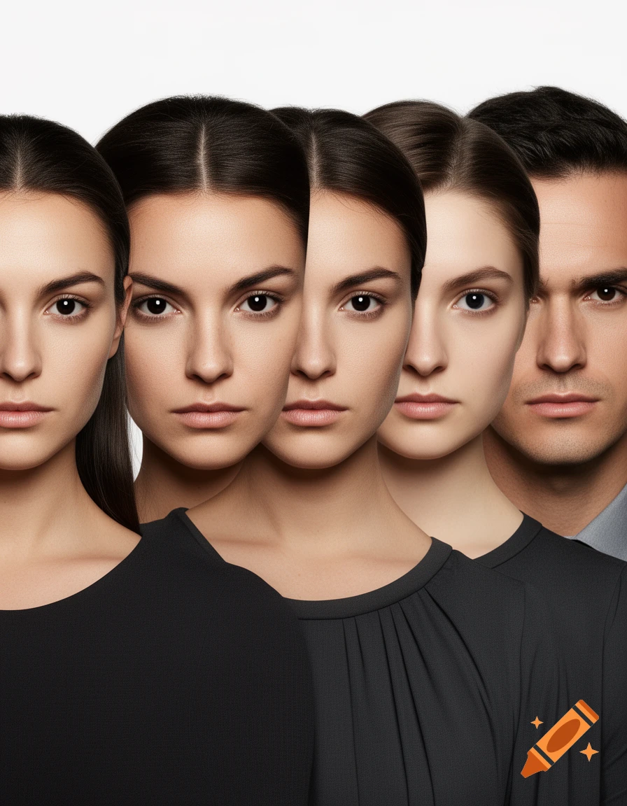 Close-up of five people's faces, arranged in a staggered collage, looking forward. Four women and one man are shown, all with dark hair and neutral expressions.