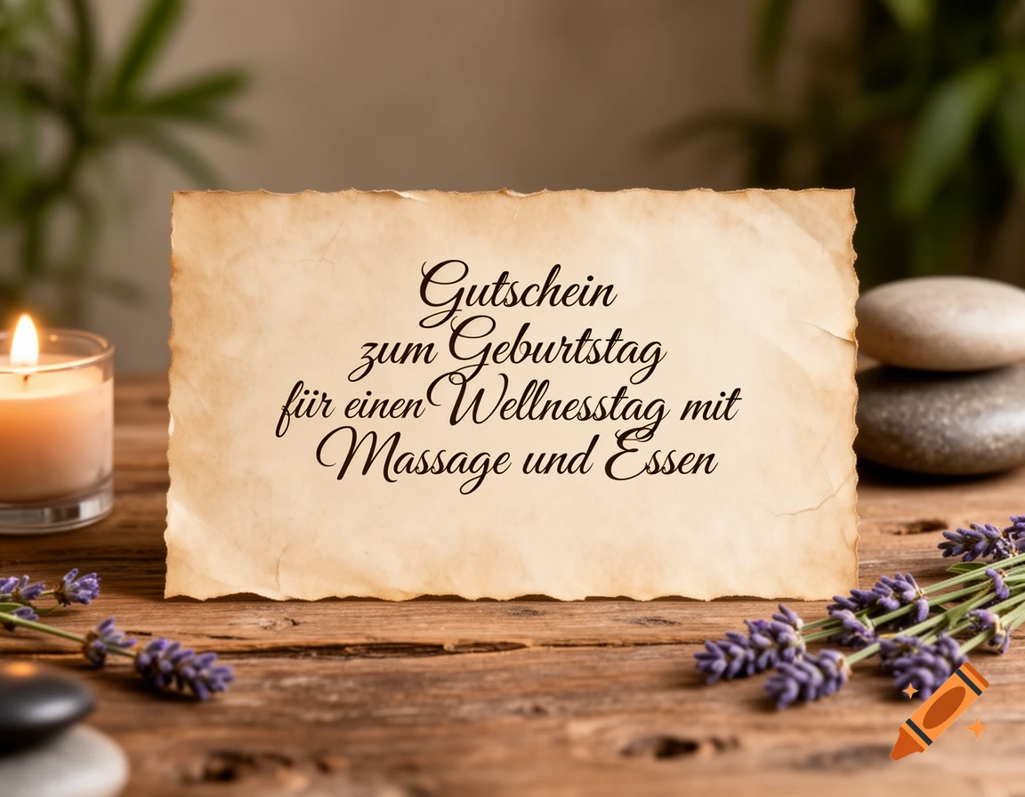 A gift certificate for a wellness day with massage and food on a rustic wooden table, surrounded by a lit candle, lavender, and spa stones.