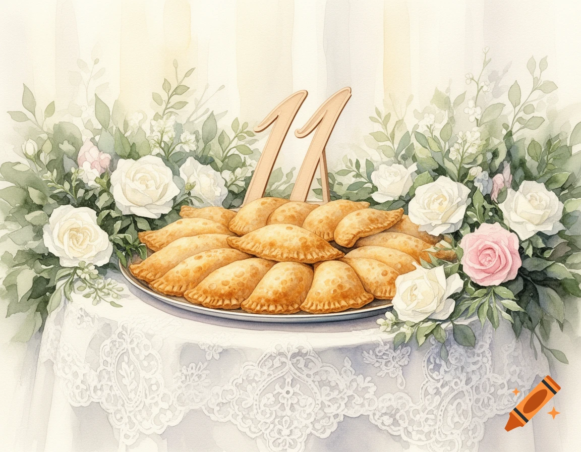 Watercolor painting of empanadas on a lace tablecloth with roses and the number 11, for a wedding setting.