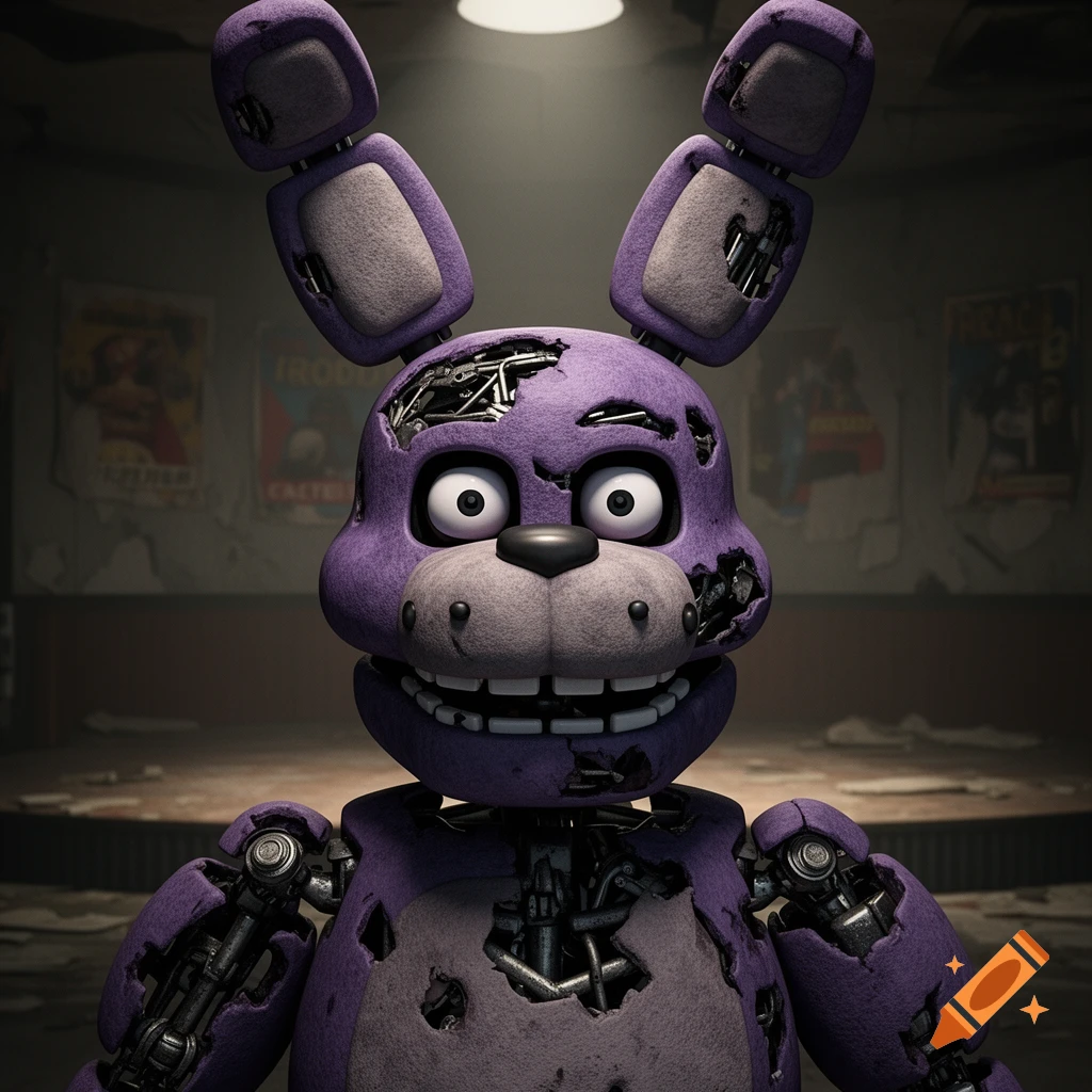 Withered Bonnie, a purple animatronic rabbit with torn fabric and exposed wires, in a dark, abandoned room, photorealistic.