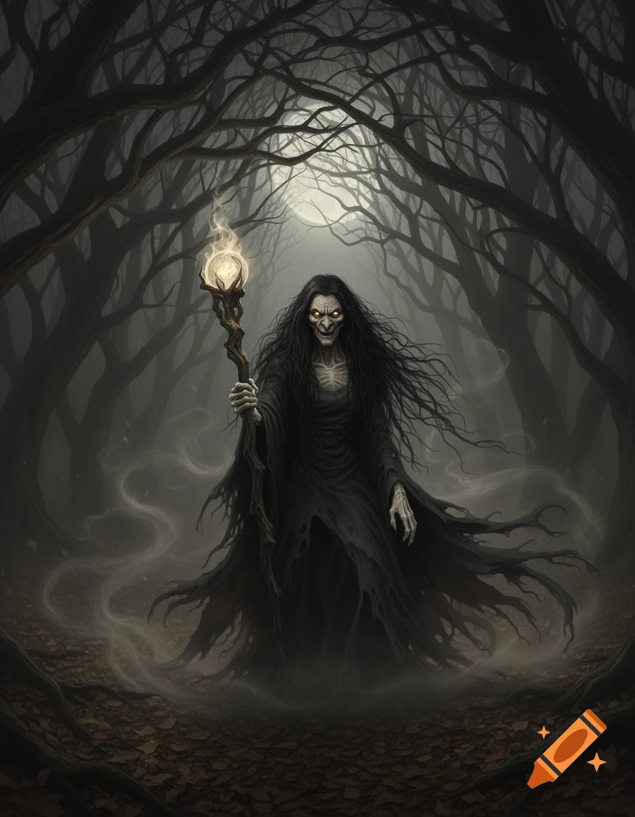 A gaunt, evil witch with glowing yellow eyes and long black hair holds a fiery staff in a dark, misty forest.