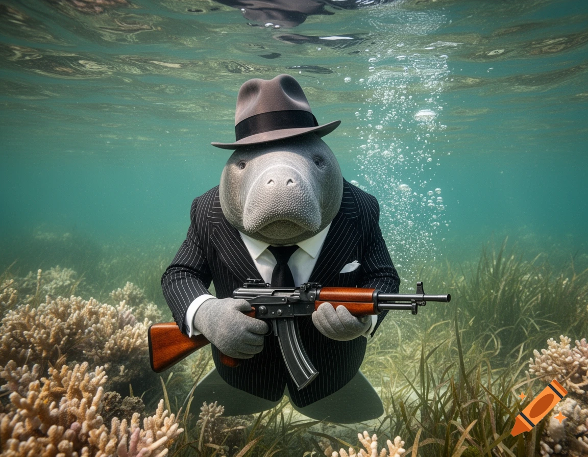 A manatee in a pinstripe suit and fedora holds an automatic rifle underwater among coral and sea grass, with air bubbles rising.