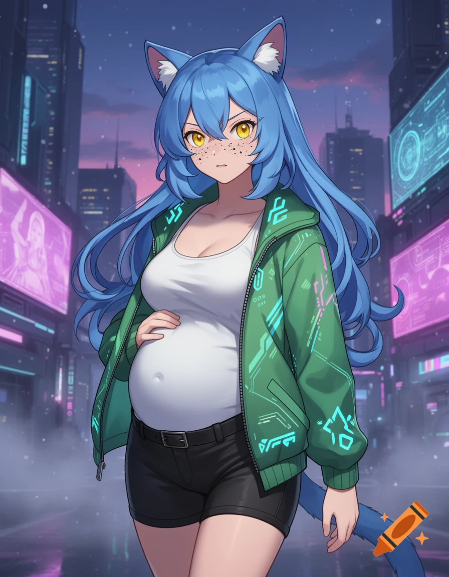 A pregnant anime woman with blue hair, cat ears, and a tail, with yellow eyes and freckles, stands in a cyberpunk city at dusk.