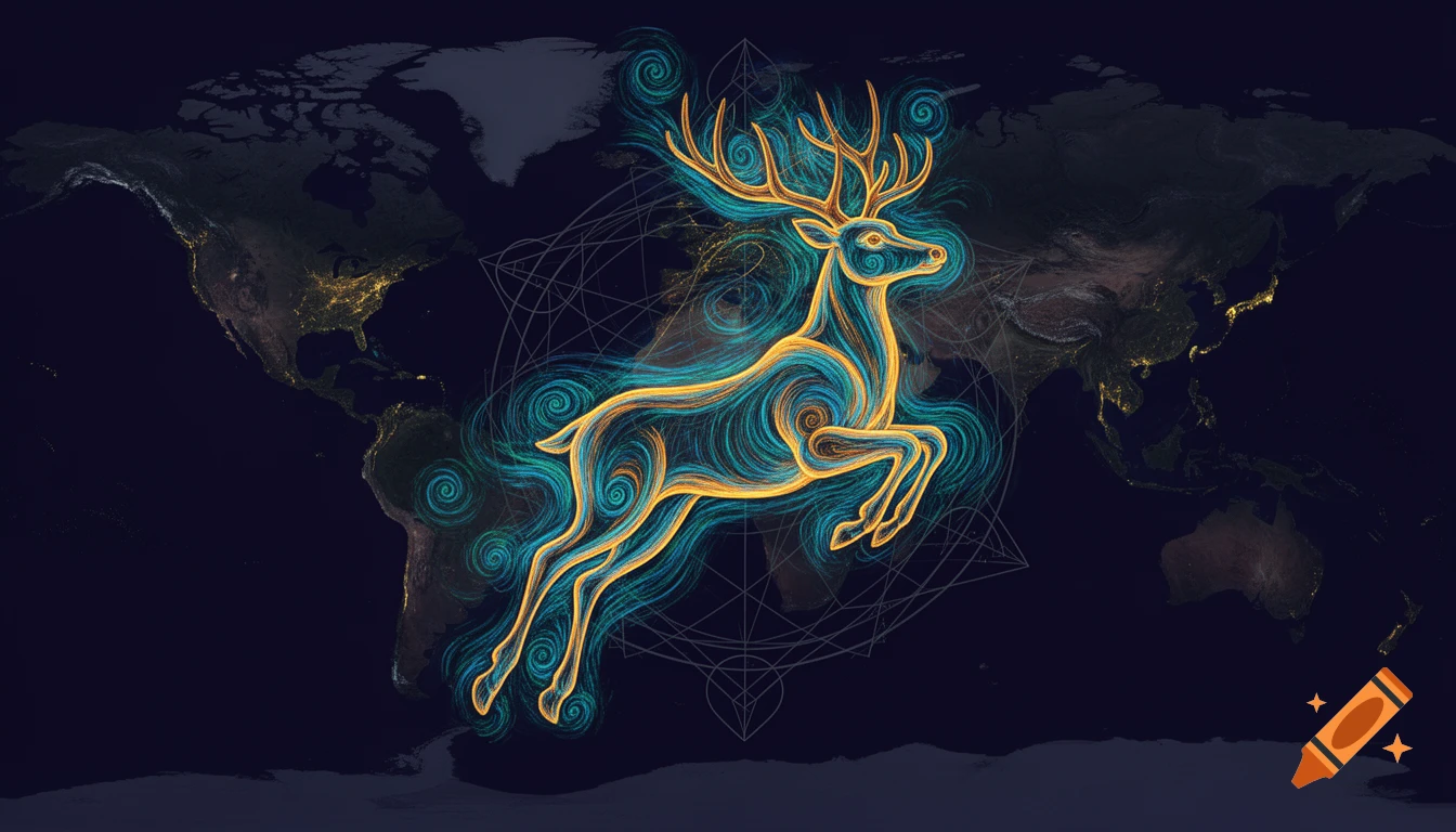 A stylized leaping stag of swirling blue and amber energy over a dark world map with city lights and geometric patterns.