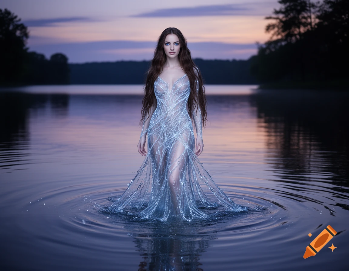 A woman with long brown hair and blue eyes, wearing a shimmering, translucent crystal dress, stands in a calm lake at twilight.