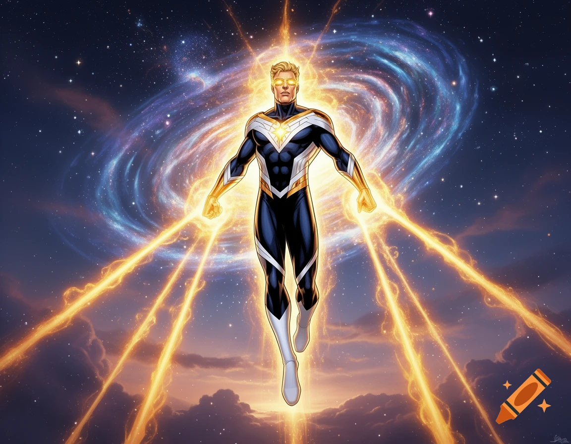 A male superhero in a dark blue, gold, and white suit, glowing with cosmic energy, flying against a starry galaxy background in comic book art style.