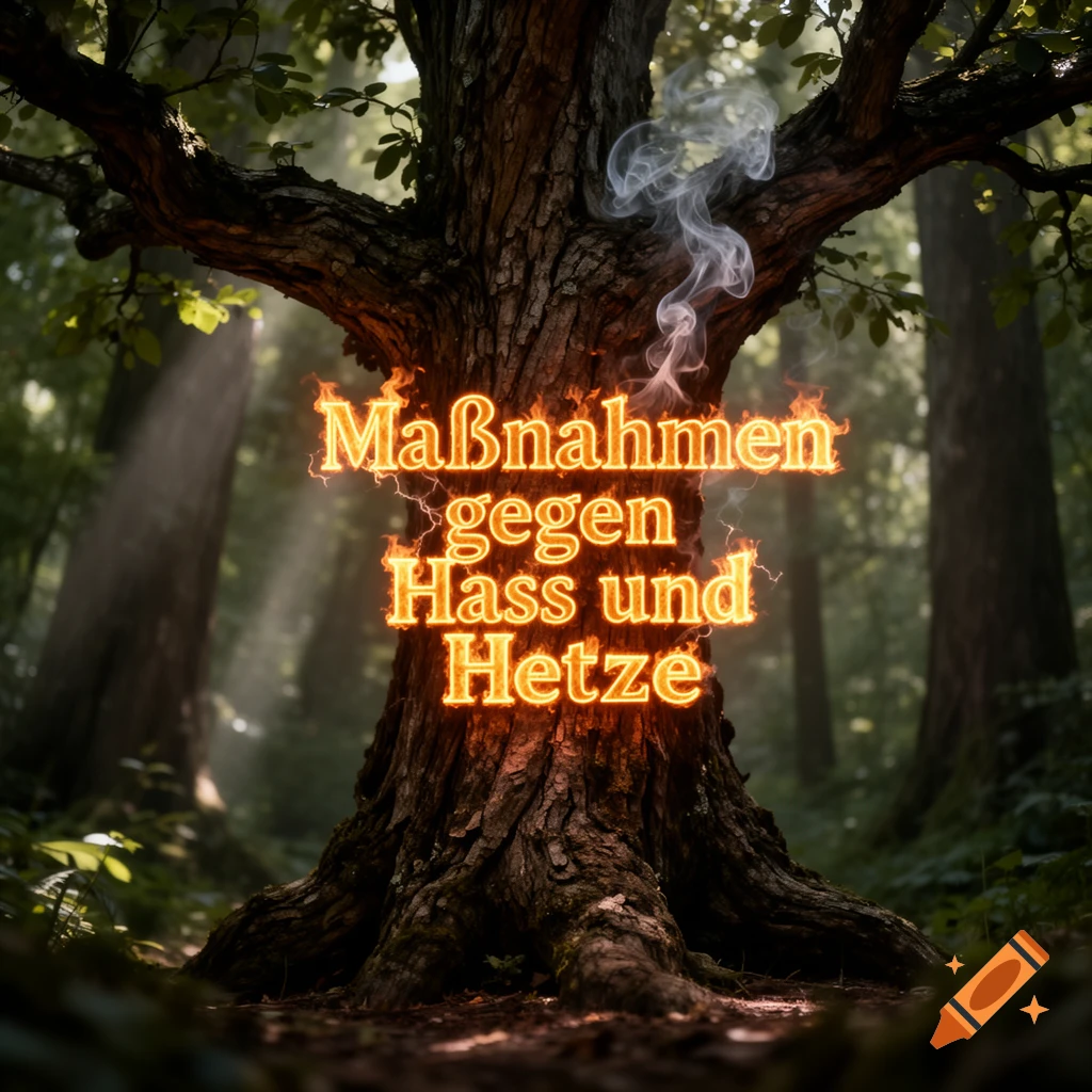 A photorealistic image of a large tree in a forest with glowing, fiery text 'Maßnahmen gegen Hass und Hetze' on its trunk, with smoke rising.