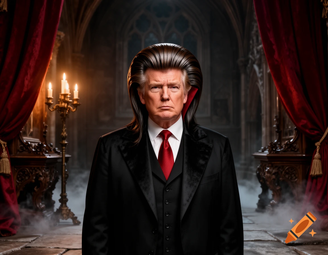 Photorealistic portrait of Donald Trump dressed as Dracula, standing in a dark gothic castle room with red velvet curtains and candelabras.