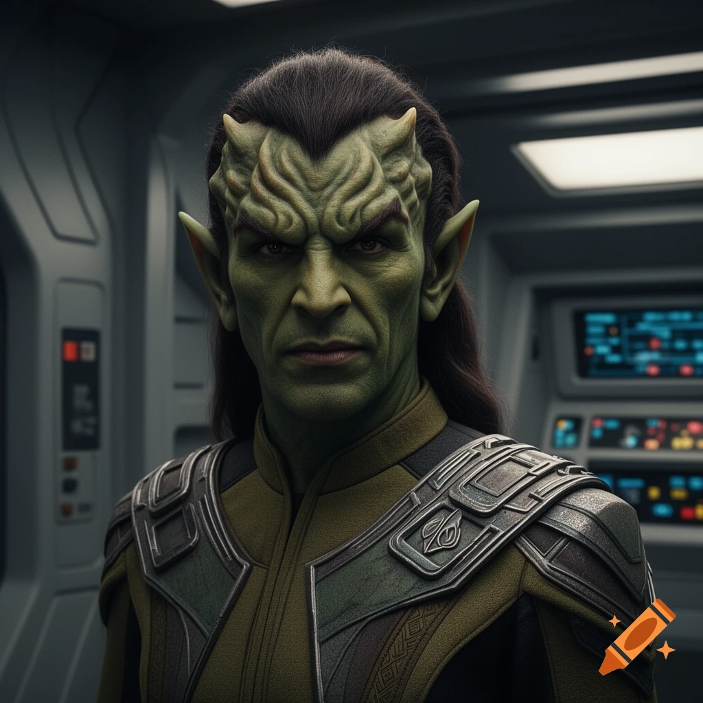 A photorealistic portrait of a green-skinned alien with pointed ears, ridged forehead, and dark hair, wearing a futuristic uniform on a spaceship bridge.