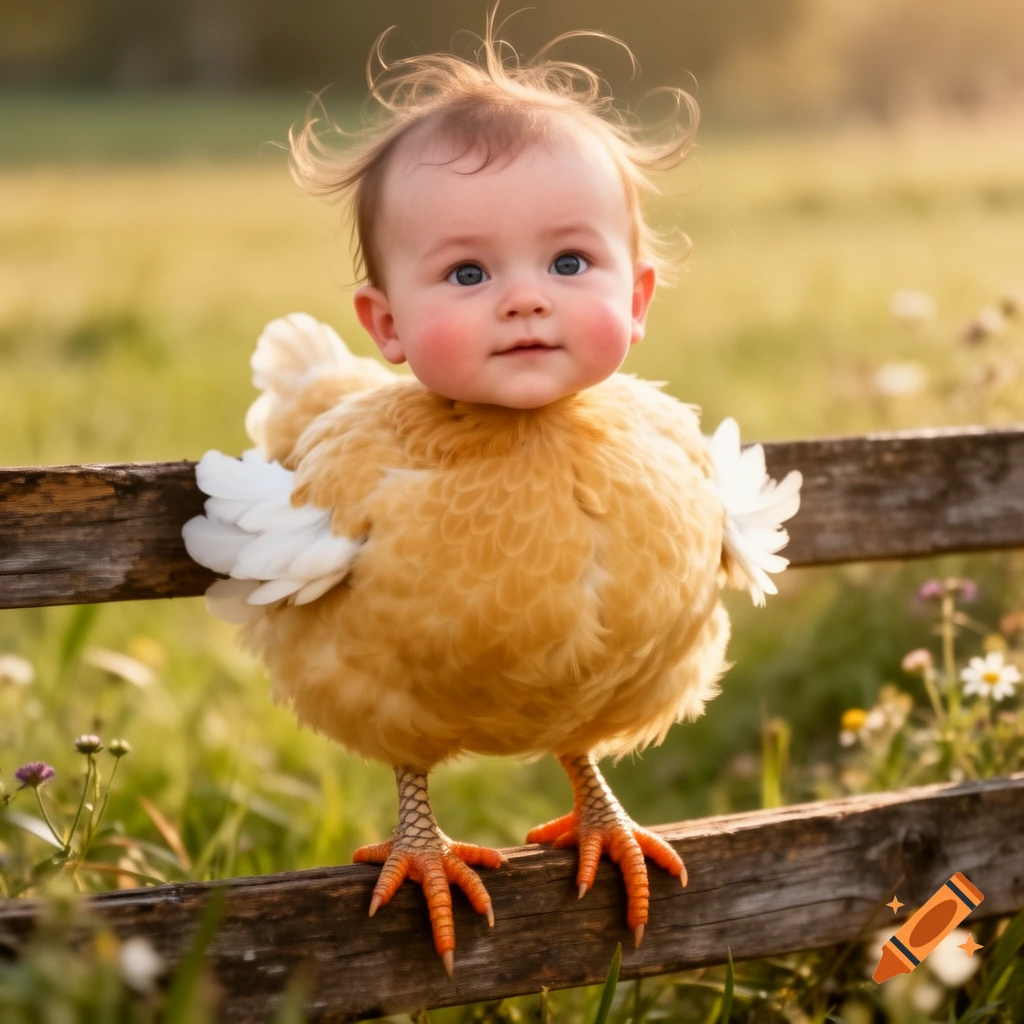 Photorealistic image of a cute baby's head on a fluffy yellow chicken body, perched on a wooden fence in a sunny field.