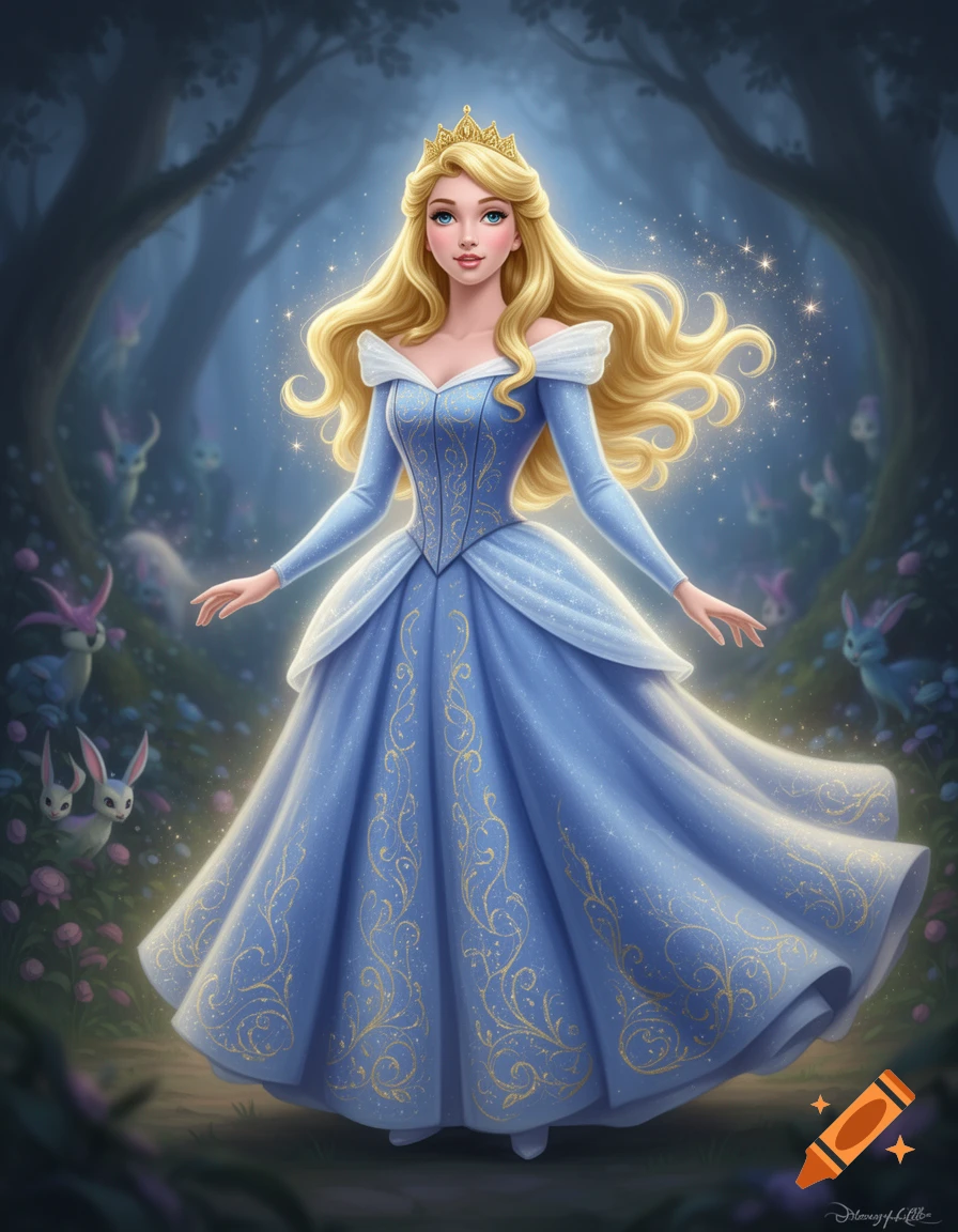 Princess Aurora in a sparkling blue gown and gold crown, stands gracefully in an enchanted forest.