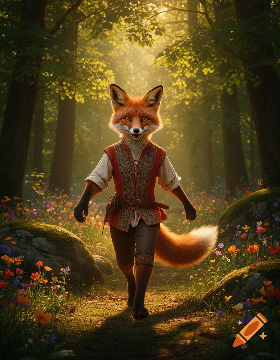 An anthropomorphic fox in a medieval-style outfit walks through a sunlit, wildflower-filled forest path.