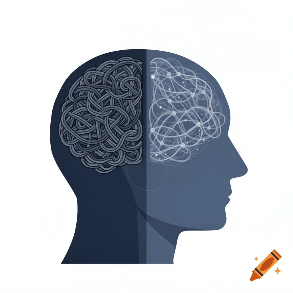 A stylized vector illustration of a human head in profile, with the brain split into a dense, knotted side and a loose, networked side.