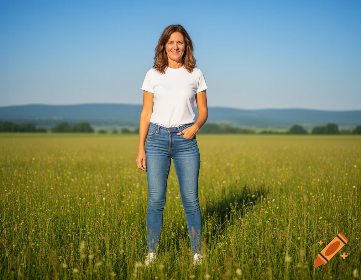 A photorealistic image of a woman in a white t-shirt and jeans standing in a sunny grassy field.