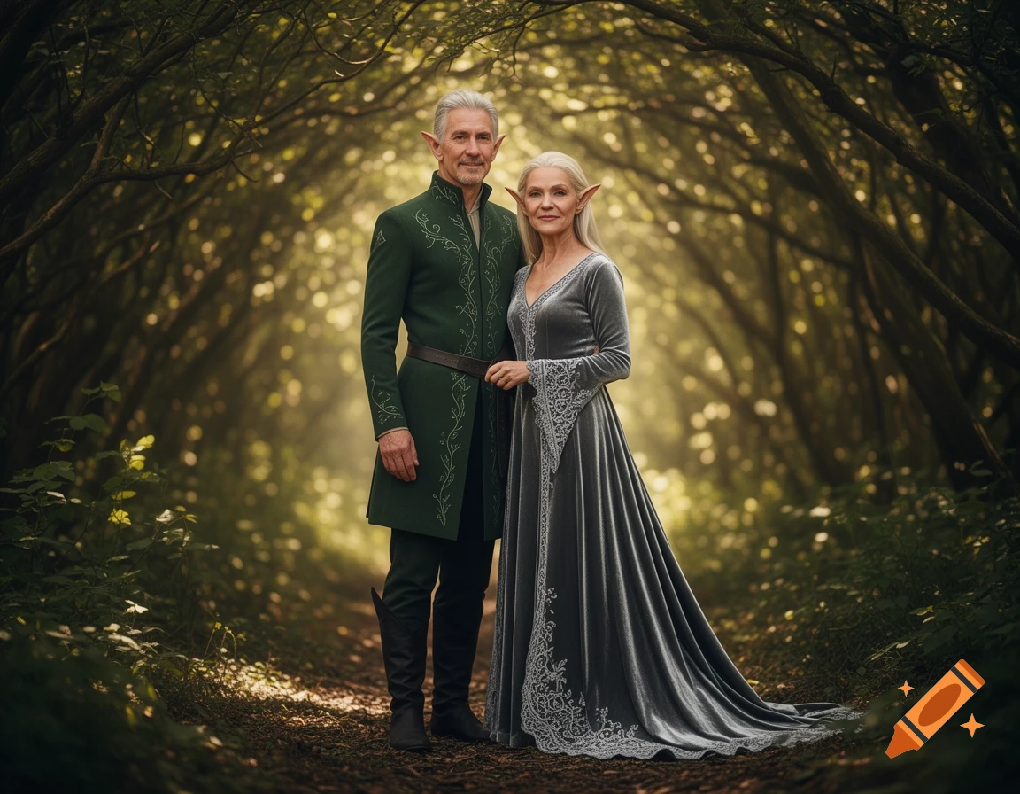 An elegant, older elven couple with pointed ears stands on a path in a lush, magical forest.
